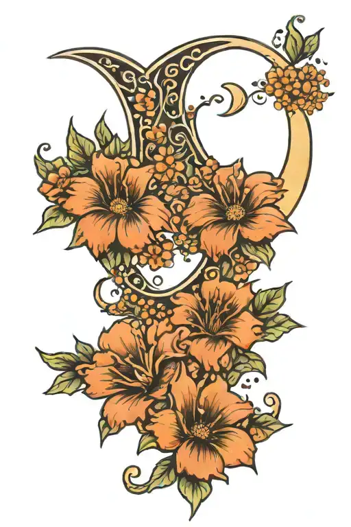 Crescent Moon With Flowers And Leaves And Dotwork