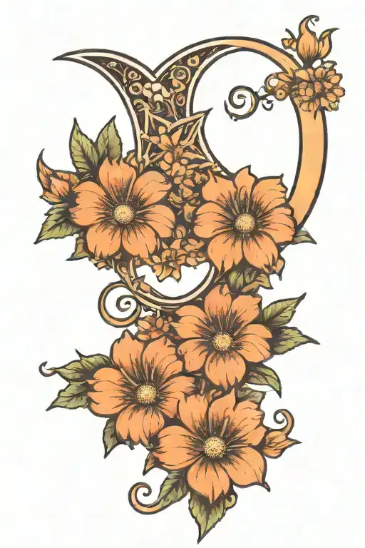 Crescent Moon With Flowers And Leaves And Stars