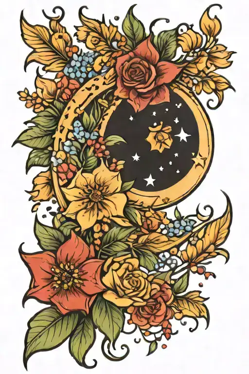 Crescent Moon With Differnt Flowers And Leaves And Stars