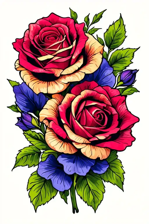 Sweet Pea Flower And Roses Intertwined