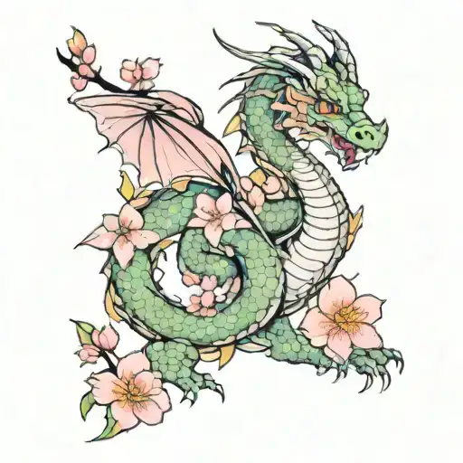 Dragon With Sakura Flowers And Geometry
