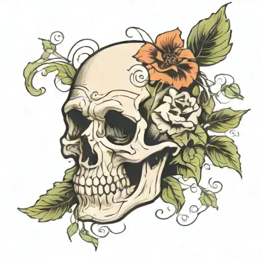A Skull With Vines Coming Out Of It And Blooming Into Flowers