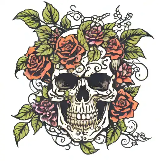 Skull With Vines Coming Out Of It Blooming Fruit