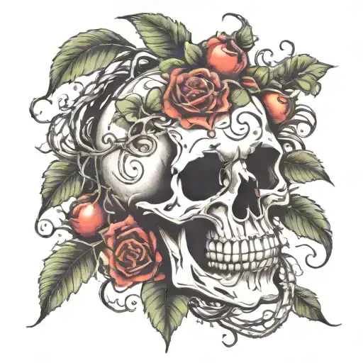 Skull With Vines Coming Out Of It Blooming Fruit