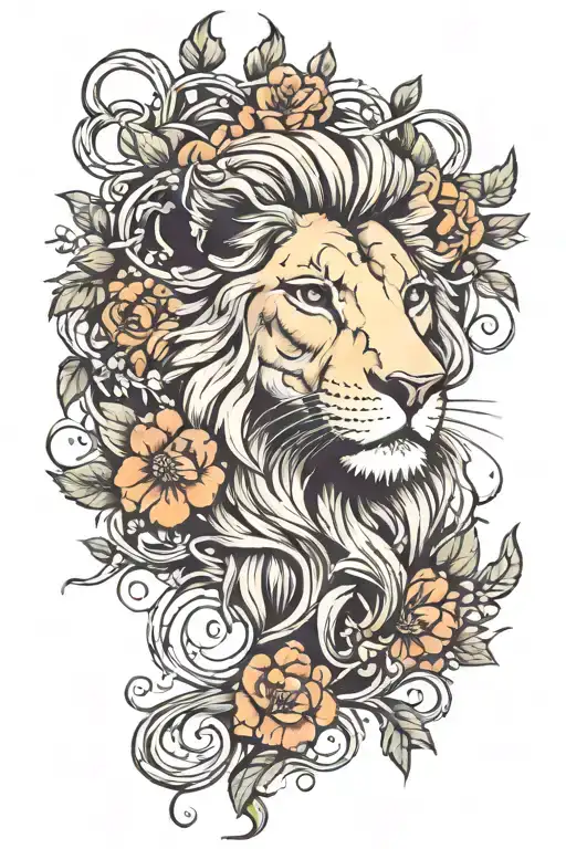 Female Lion Head With Flowers And Vines And Leaves