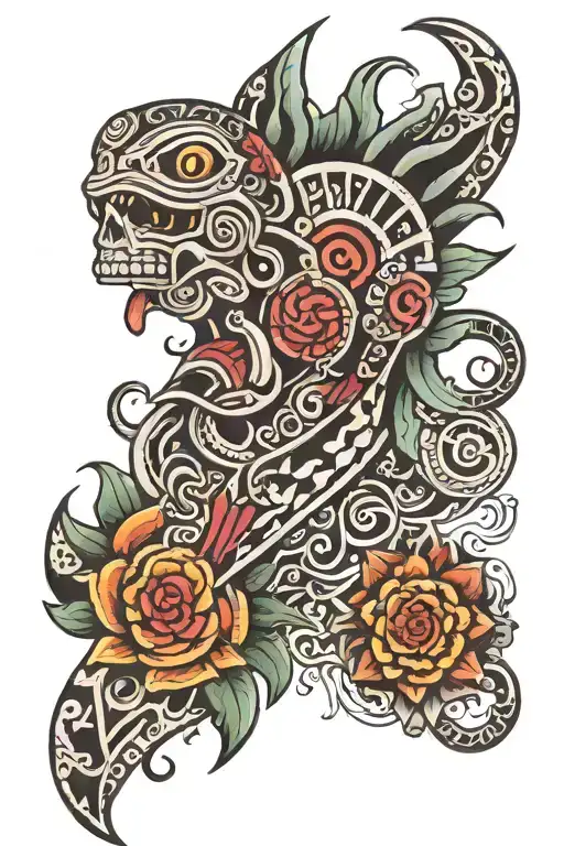 Aztec Tribal Symbiotic Tattoo Sleeve