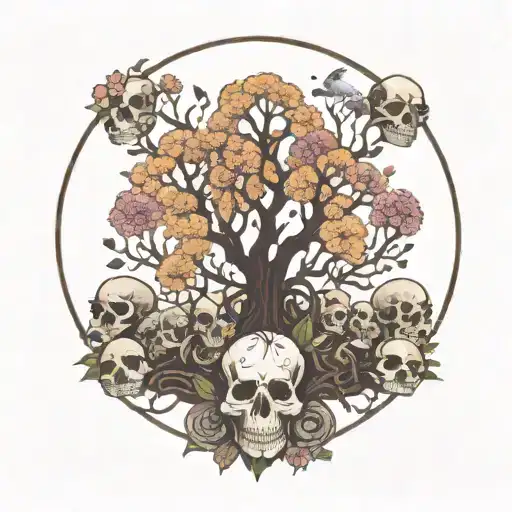 Flowering Tree Of Life Atop A Mound Of Many Skulls Encased In A Circle