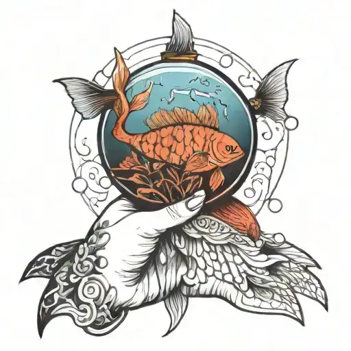 The Hand That Holds An Aquarium Containing Two Fish