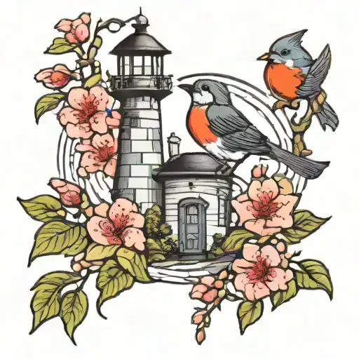 Light House Apple Blossom And Robin Bird