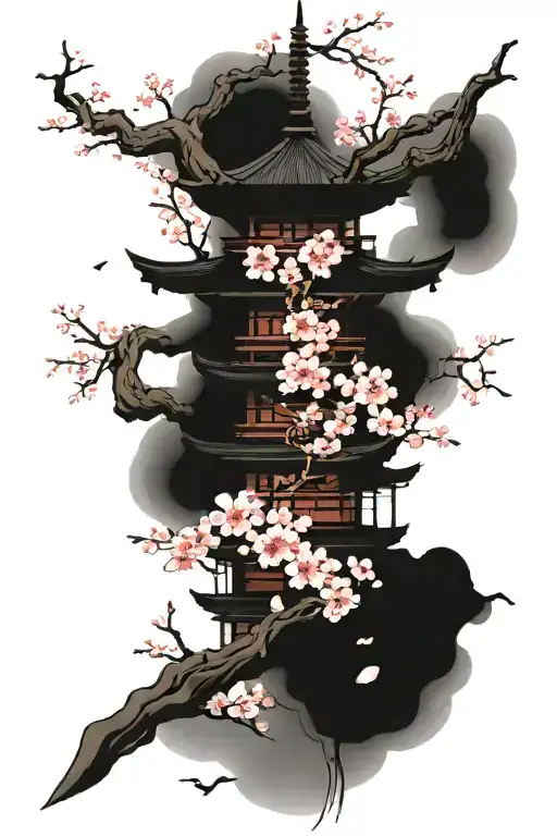 Japanese Super Tall Temple Surrounded By Cherry Blossom Tree