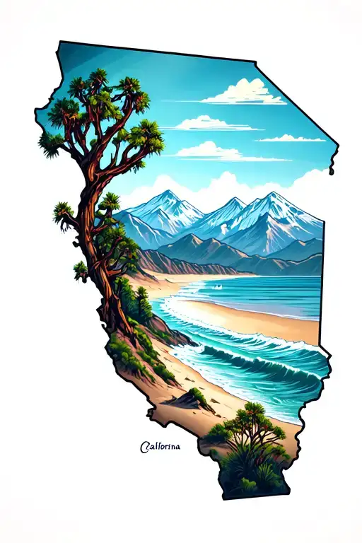 Mountain Scene Desert Landscape Beach Scene In The Shape Of California And Neveda