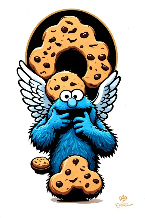 Cookie Monster Holding A Cookie With Angel Wings Spread Wide