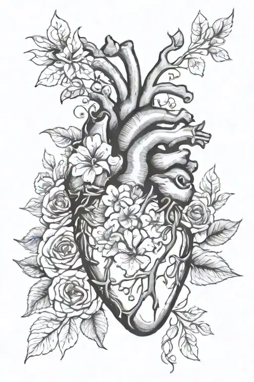 Anatomical Heart Surrounded By Flowers