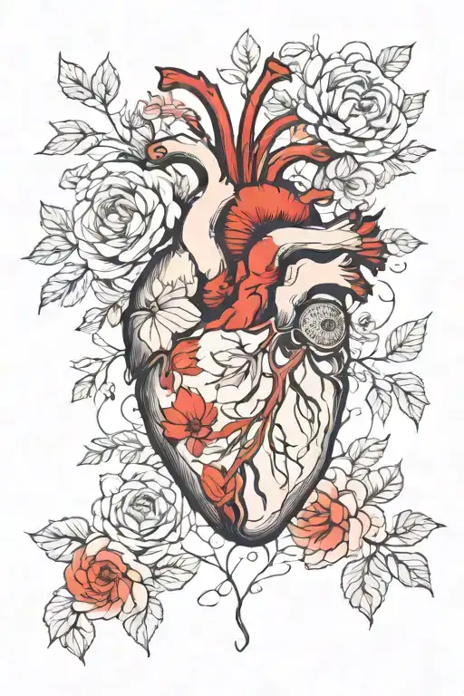 Anatomical Heart Surrounded By Big Flowers