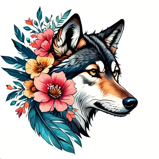 Flowers And Feathers With A Wolf