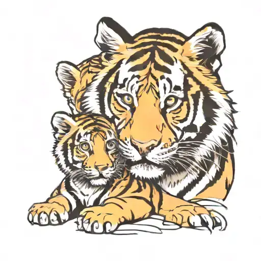 A Tiger And A Tiger Cub Looking In Profile