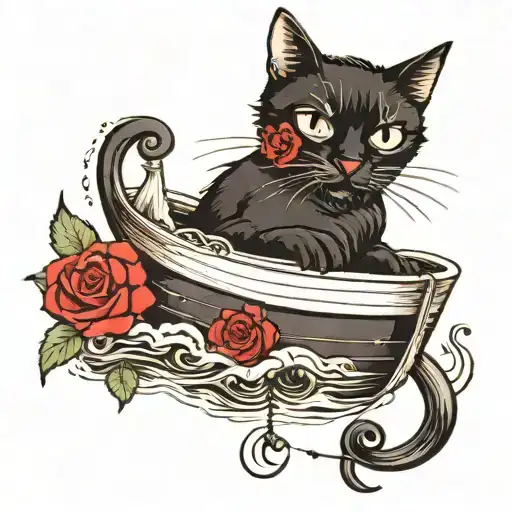 And Black Cat Sitting On A Boat In The Ocean With A Rose On The Side Of The Boat