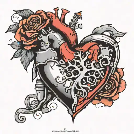 A Heart That Is Half Anatomical In Color And Half Mechanical In Black