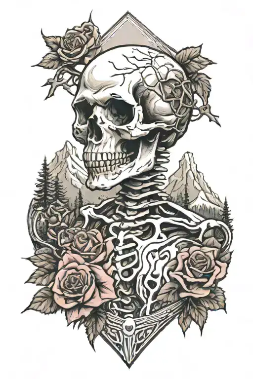 Moutains With Rose Boarder And A Skeleton Looking At The Mountains