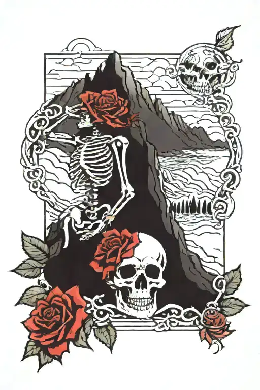 Moutains With Rose Boarder And A Skeleton Laying Down In Foreground Looking At The Mountains