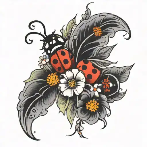 Complete Arm Sleeve Of Black And Gray Flowers With Colorful Ladybug