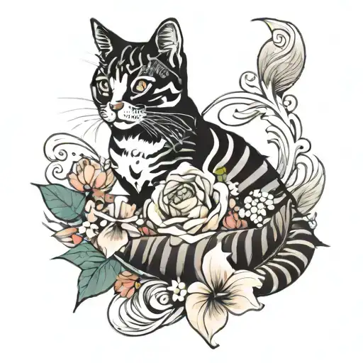 Cat In The Sea Shell And Flowers