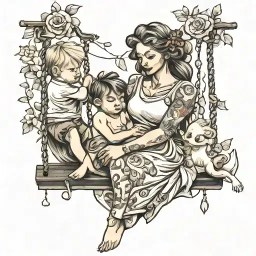 Mother Sitting On A Swing With 3 Boy Children