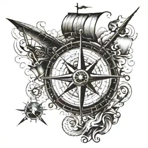 Compass And Pirate Ship Navigating