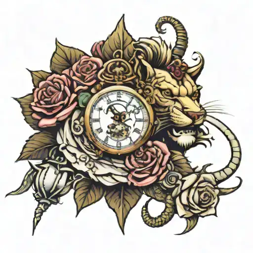 Automatic Watch And Roses With Sword Inside Lion Face With Dragon Wrapped
