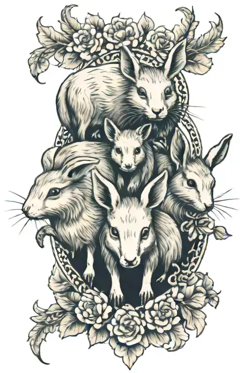 Two Water Rats Protecting A Baby Ox And Twin Baby Rabbits