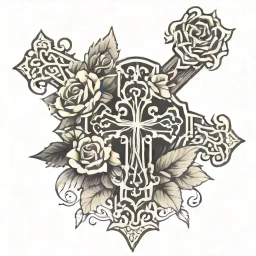 Detailed Cross Surounded By Rose Braches