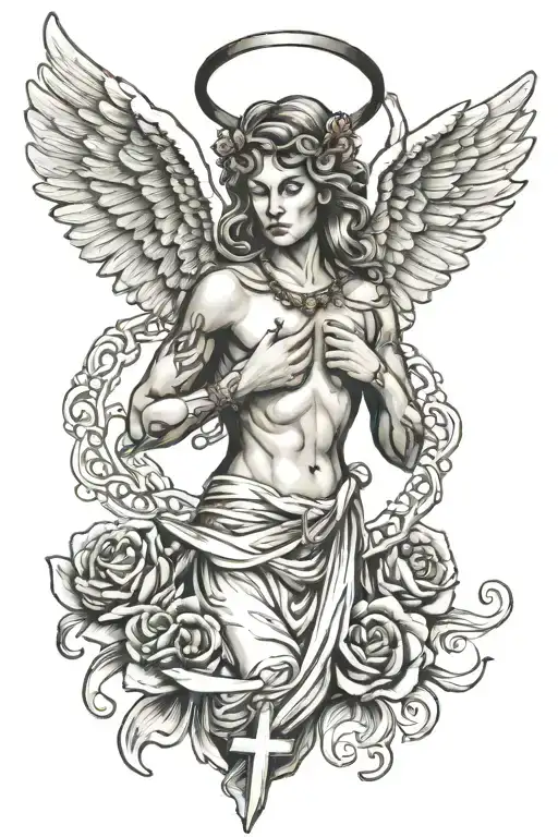 Flying Angel Wearing A Necklace And Cross