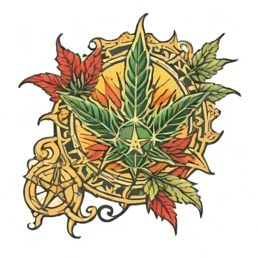 Hand Made Of Maple And Cannabis Leaf Holding 3 Stars And A Sun