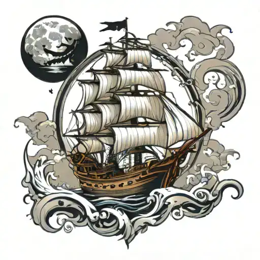Pirate Ship Sailing With Full Moon