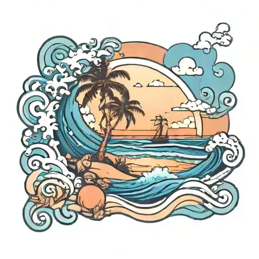 Beach Scene With Brilliant Blue Waves At Sunset