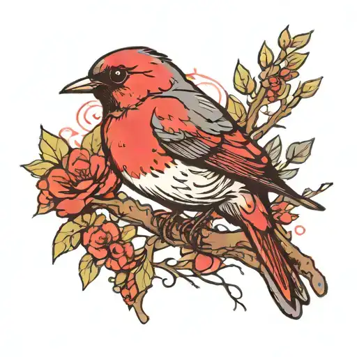 A Red Robin And A Dove Perched On A Branch Together