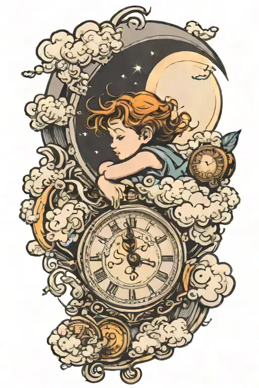 Clock With A Child Dreaming About Clouds Looking At The Moon