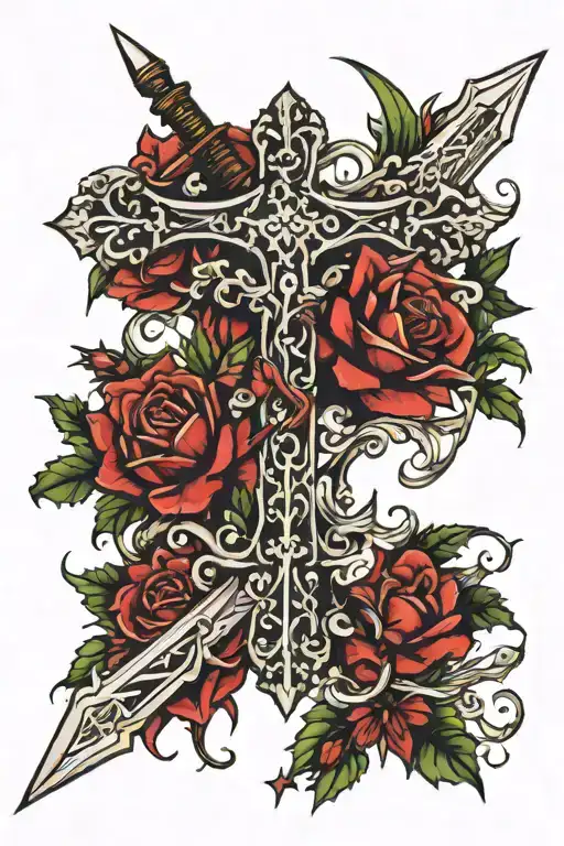 Cross And Sword Surrounded By Filagree And Thorns