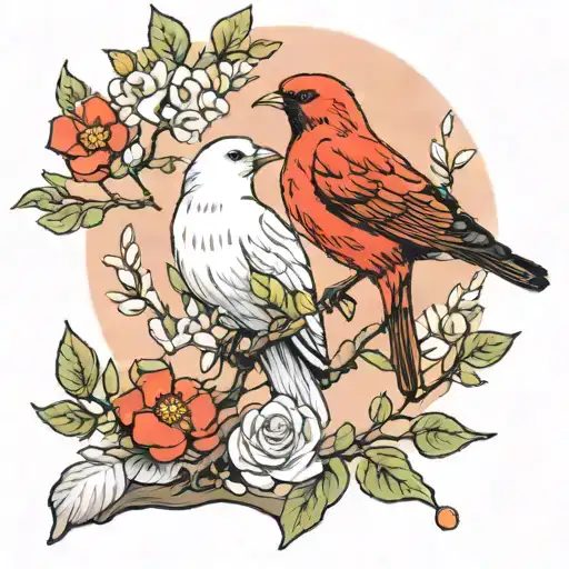 A Red Robin And A White Dove Perched On A Branch Together