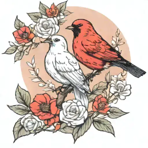 A Red Robin And A White Dove Perched On A Branch Together