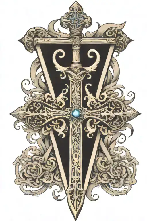 Sword And Cross Surrounded By Filagree Design