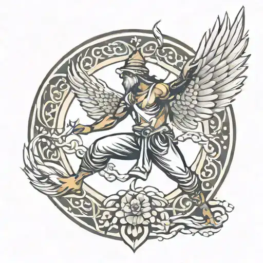 Warrior Pose Yoga Pose With Kestrel Flying Above It