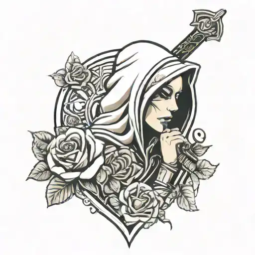 Hooded Woman Looking Upwards Clutching Sword To Throat Framed With Roses