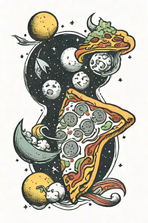 A Whimsical New-school Tattoo Of A Pizza Slice Orbiting Around A Cartoon Moon