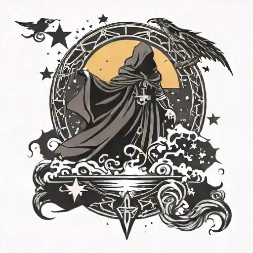 Dark Cloak Floating From The Front And Inside The Cloak Stars Above And Sunrise In The Bottom