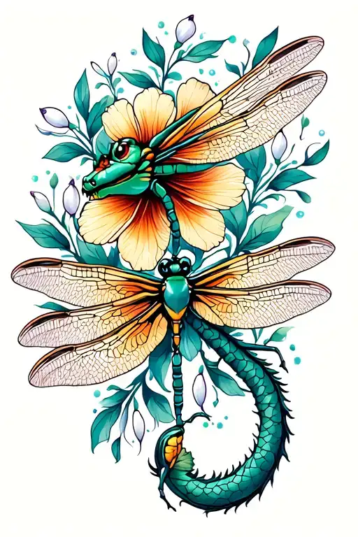 Dragon Fly With Snow Drop Flowers Intertwined