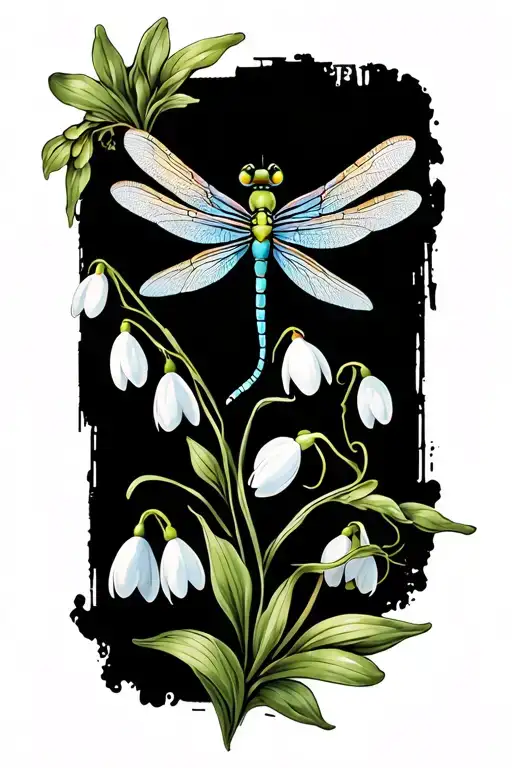 Dragonfly With Snowdrop Flowers Intertwined Within