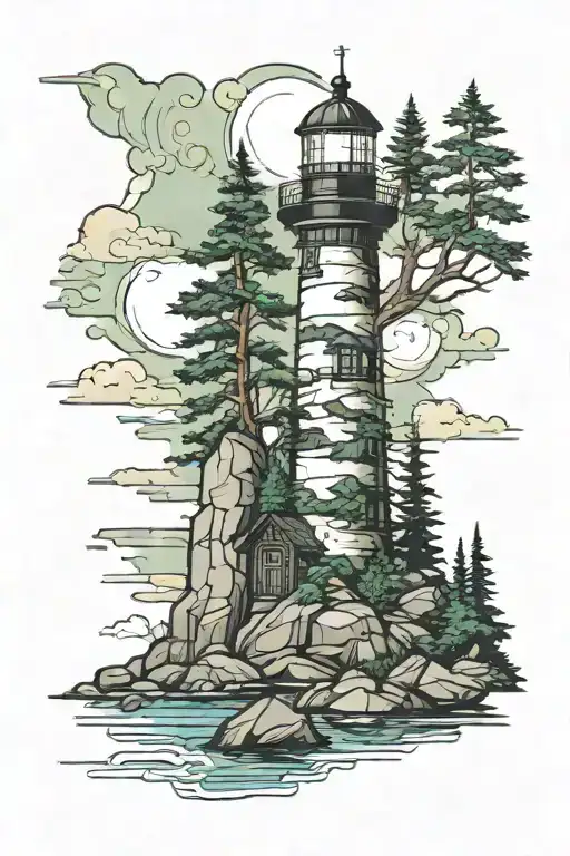Light House Rocky Coast Evergreen Forest Scene