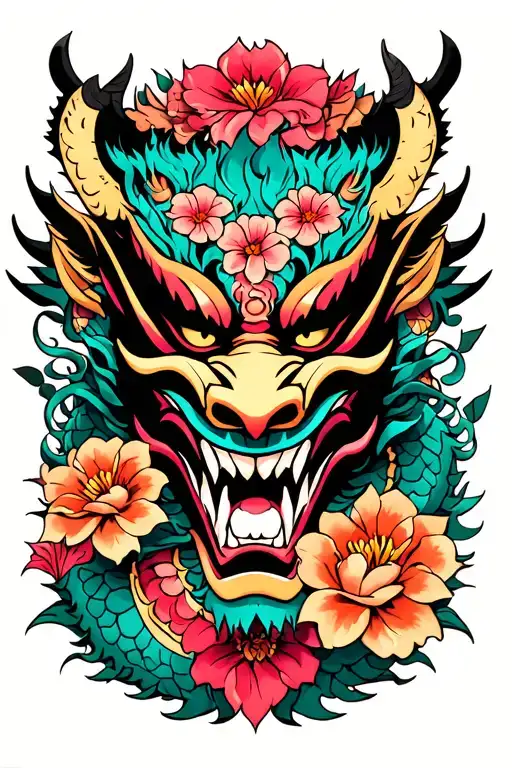 Oni Mask With Flowers And Dragon