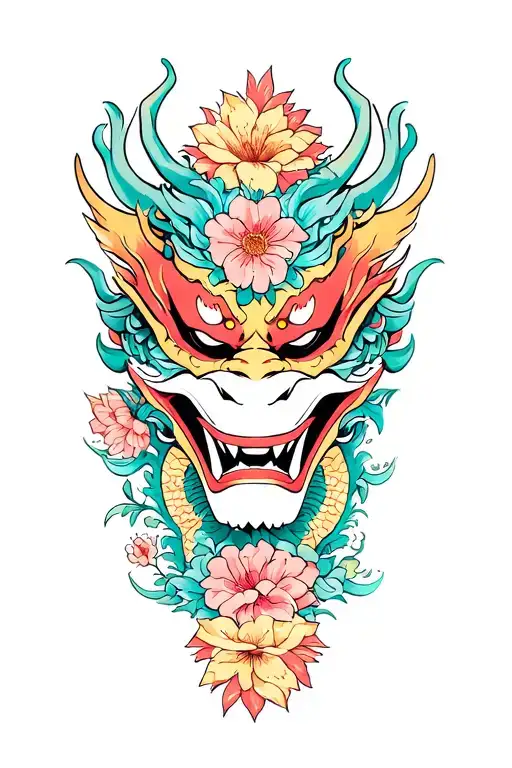 Oni Mask With Flowers And Dragon